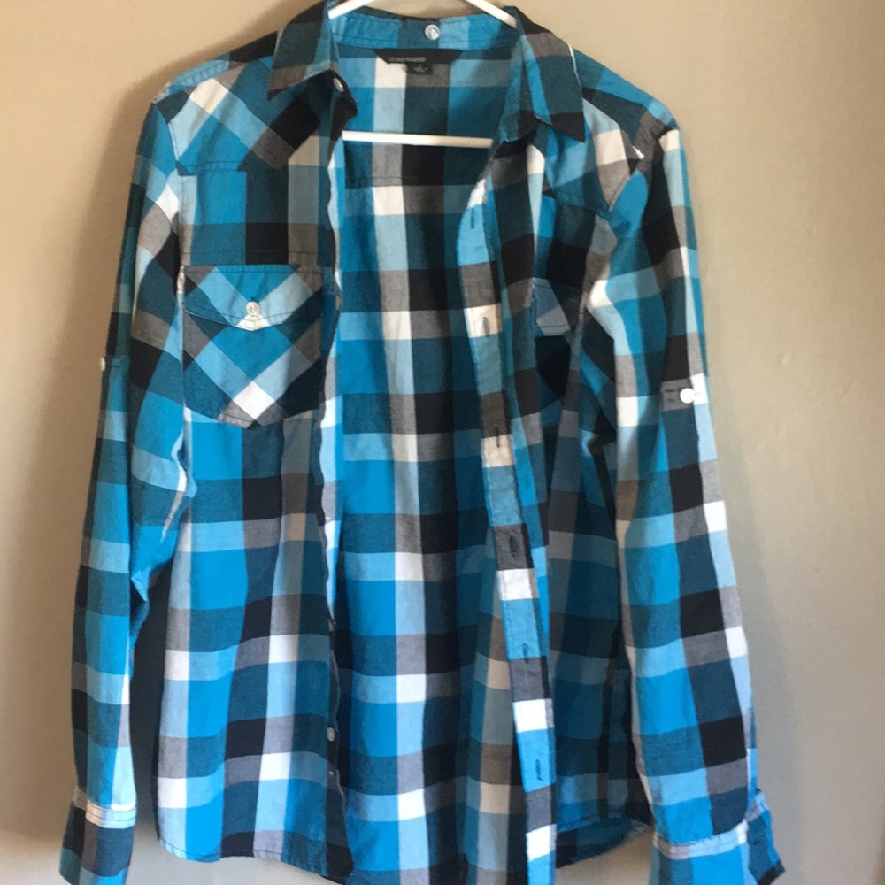 Blue/black plaid button down shirt